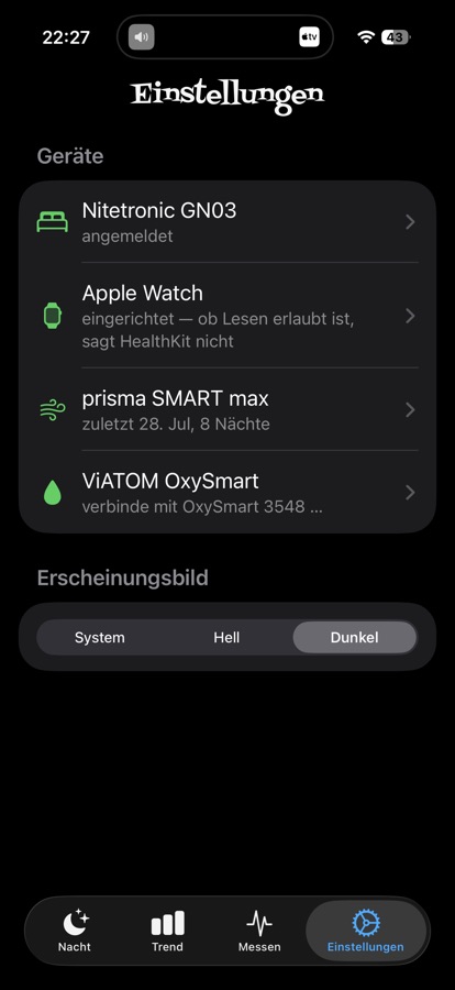 Der Tab „Einstellungen“: eine Liste der vier Geräte, jedes mit einer Zustandszeile — angemeldet, eingerichtet, zuletzt eingelesen, verbinde.